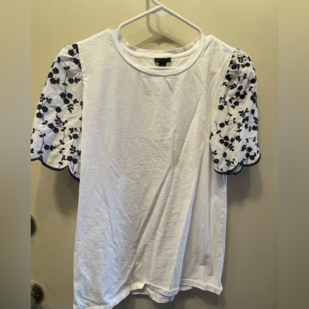 White Tee with Embroidered Floral Puff Sleeves